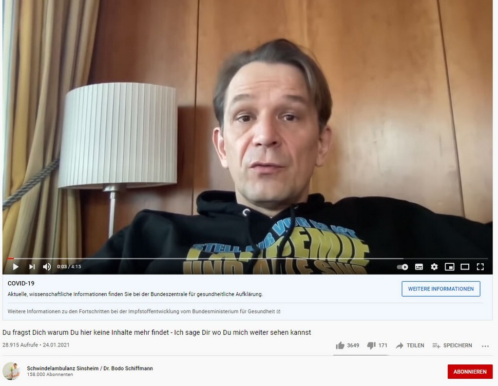 Youtube-Kanal Schwindelambulanz Dr. Bodo Schiffmann (Screenshot Youtube)