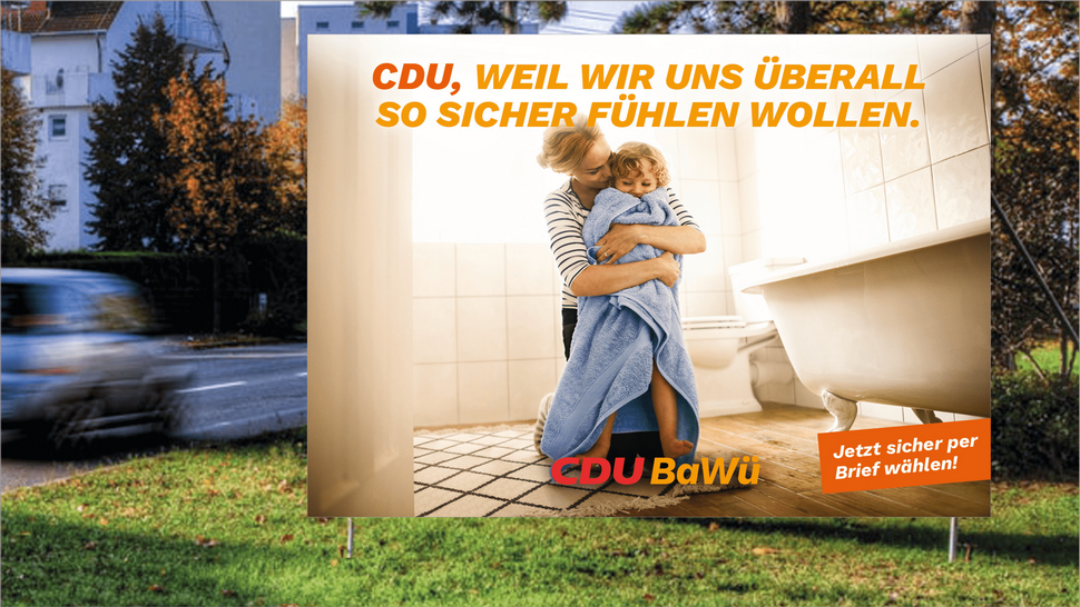 Wahlplakat der CDU: Anders als behauptet infiziert die britische Corona-Virusmutante auch kleine Kinder (Quelle CDU) 
