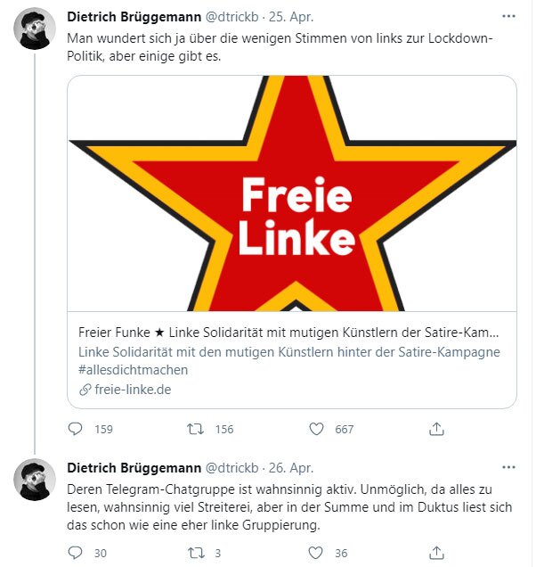 Zur Freude des Herrn Brüggemann: "Linke Solidarität mit den "mutigen Künstler der Satire-Kampagne". Quelle Twitter Zur Freude des Herrn Brüggemann: "Linke Solidarität mit den "mutigen Künstler der Satire-Kampagne". Quelle Twitter