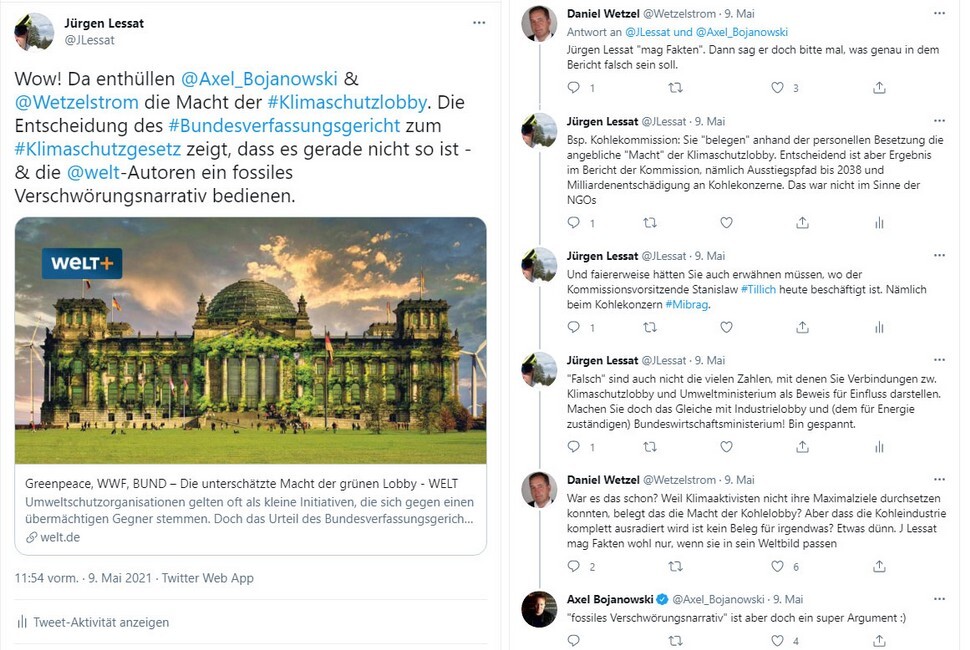 Hin- und Her-Gezwitscher zwischen POlitoGO.de und WELT-Redakteuren Wetzel und Bojanowski. Screenshot: twitter.de