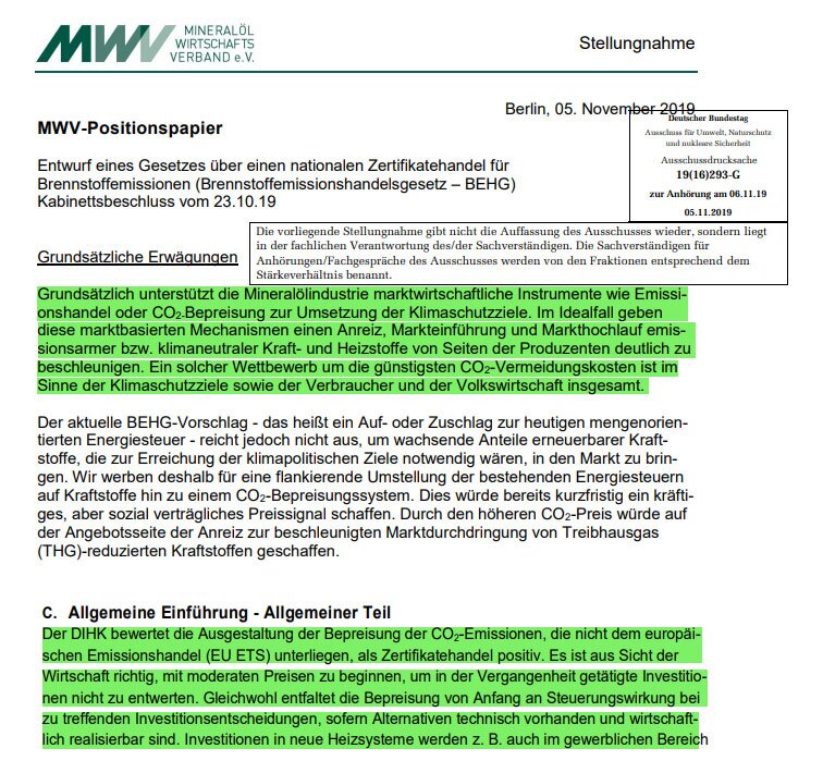 Stellungnahme des Mineralöl-Wirtschaftsverbands (MWV) zur CO2-Abgabe. 