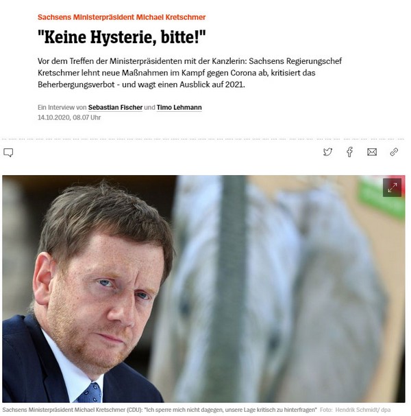 Ein Mann, drei Worte: Michael Kretschmer reagierte lange allergisch auf Corona-Kontaktbeschränkungen. Screenshot spiegel.de