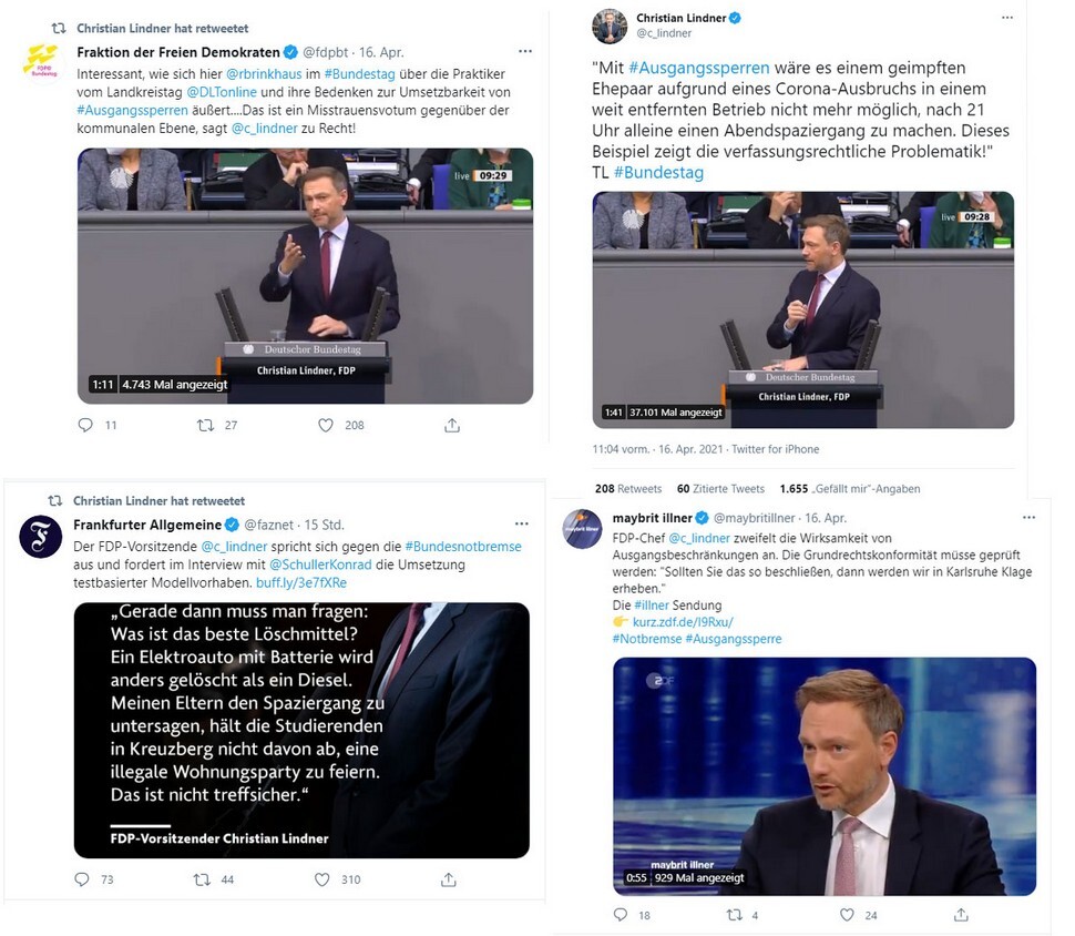 Lindners Twitter-Potpourri gegen Ausgangsbeschränkung. Quelle: Twitter Lindners Twitter-Potpourri gegen Ausgangsbeschränkung. Quelle: Twitter