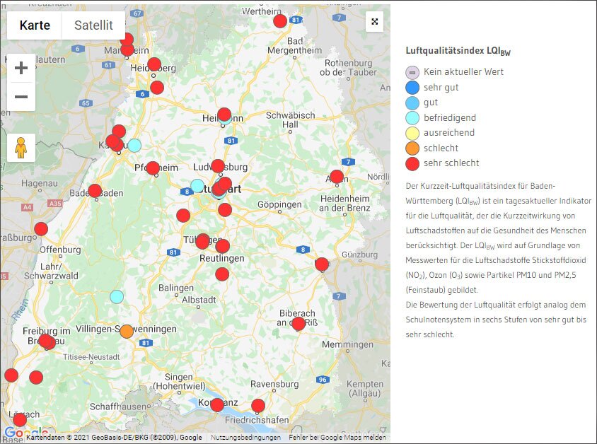 Alarmstufe rot: Luftqualitätsindex "sehr schlecht", Stand 26.02.2021. Quelle: LUBW Alarmstufe rot: Luftqualitätsindex "sehr schlecht", Stand 26.02.2021. Quelle: LUBW