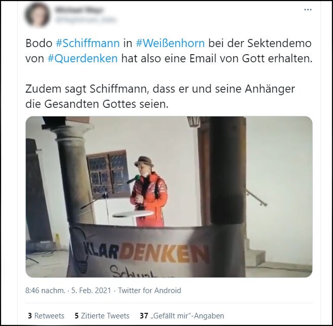 Bodo Schiffmann als "Special guest" bei Corona-Demo am 5.2.2021 in Weißenhorn Quelle Twitter Bodo Schiffmann als "Special guest" bei Corona-Demo am 5.2.2021 in Weißenhorn Quelle Twitter