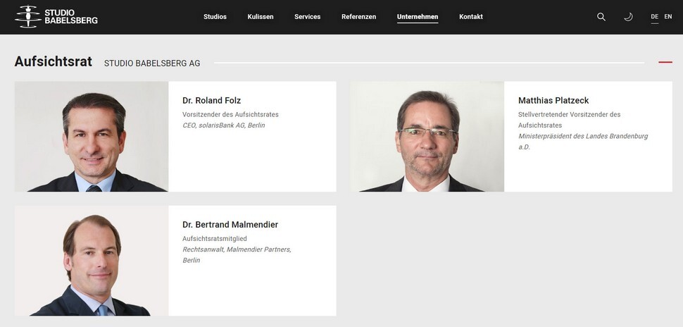 Kreml-Lobbyist Malemendier ist wie Ex-MP Matthias Platzeck auch Aufsichtsrat im (deutschen Hollywood-)Studio Babelberg. Beide sind auch im Deutsch-Russischen Forum. Platzeck als Vorsitzender des Vereinsvorstands, dem auch Doris Schröder-Köpf, Mitglied des Niedersächsischen Landtages, angehört. Quelle: Screenshot www.studiobabelsberg.com Kreml-Lobbyist Malemendier ist wie Ex-MP Matthias Platzeck auch Aufsichtsrat im (deutschen Hollywood-)Studio Babelberg. Beide sind auch im Deutsch-Russischen Forum. Platzeck als Vorsitzender des Vereinsvorstands, dem auch Doris Schröder-Köpf, Mitglied des Niedersächsischen Landtages, angehört. Quelle: Screenshot www.studiobabelsberg.com