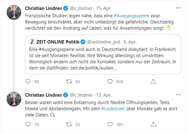 Knapp eine Woche nach dem "Womöglich"-Artikel in der "Zeit" suggeriert FDP-Chef Christian Lindner negative Wirkungen von Ausgangssperre aufs Infektionsgeschehen. Quelle: Screenshot Twitter Knapp eine Woche nach dem "Womöglich"-Artikel in der "Zeit" suggeriert FDP-Chef Christian Lindner negative Wirkungen von Ausgangssperre aufs Infektionsgeschehen. Man beachte: aus einer Studie wurden Studien. Quelle: Screenshot Twitter