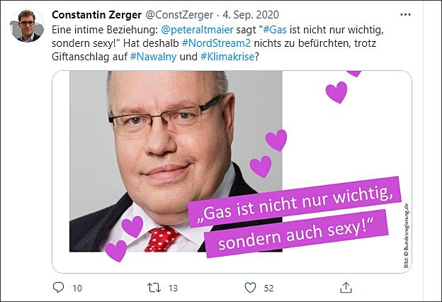 Tweet des DUH-Energieexperten Zerger über Altmaiers intime Beziehung zu Erdgas (Quelle Twitter) Tweet des DUH-Energieexperten Zerger über Altmaiers intime Beziehung zu Erdgas (Quelle Twitter)
