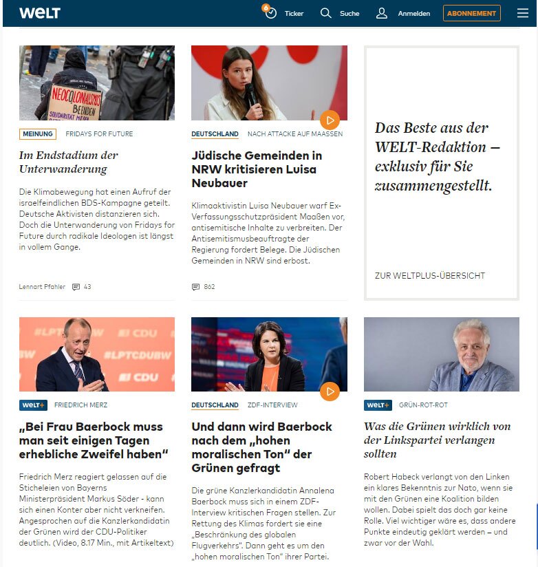 Zufällig das Beste aus der WELT-Redaktion: Merz hui, Baerbock und FFF pfui. Screenshot: welt.de