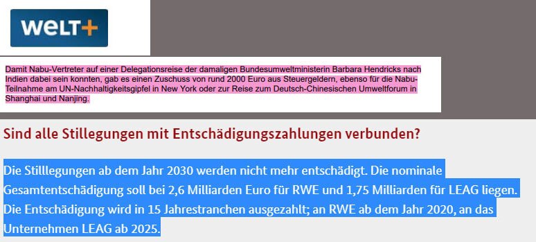 Klimalobby-Kleinvieh macht auch Mist, meinen wohl die "Welt"-Enthüller Bojanowski & Wetzel - während die größten Klimaverschmutzer Milliarden kassieren. Oben: welt.de, unten: FAQs zum Kohleausstieg www.bmwi.de 